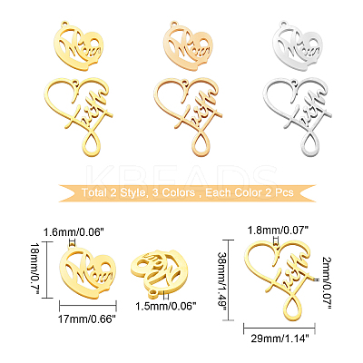 12Pcs 6 Style Ion Plating(IP) 304 Stainless Steel Pendants STAS-UN0031-21-1