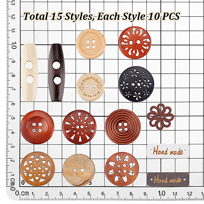 150Pcs 15 Styles Wooden Buttons DIY-PH0031-07-1