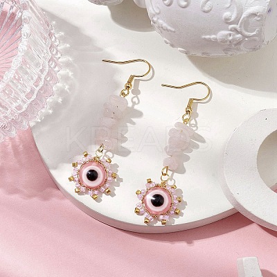 Evil Eye Natural Rose Quartz Chip & Seed Beads Dangle Earrings EJEW-MZ00166-01-1
