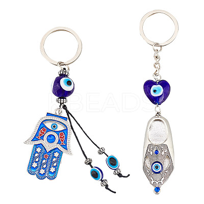 2Pcs 2 Style Turkish Blue Evil Eye Lucky Shoes/Hamsa Hand/Hand of Miriam Pendant Alloy Keychain KEYC-AR0001-27-1