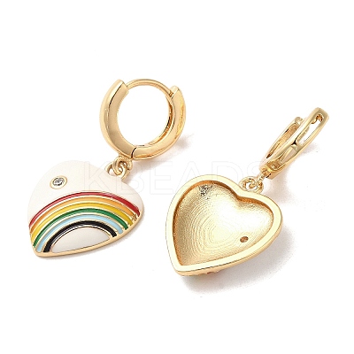 Heart with Rainbow Real 18K Gold Plated Brass Dangle Hoop Earrings EJEW-L268-042G-03-1