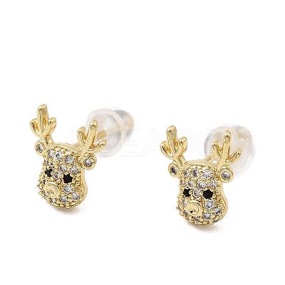 Deer Brass Micro Pave Clear Cubic Zirconia Stud Earrings EJEW-A146-03G-1