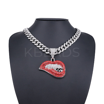 Zinc Alloy Full Rhinestone Lip Pendant Cuban Link Chain Necklaces for Men FS-WG26C72-02-1
