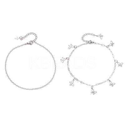 2Pcs 2 Styles 304 Stainless Steel Cable Chain Paperclip Chain Charm Double Layer Anklets for Women AJEW-AN00740-01-1