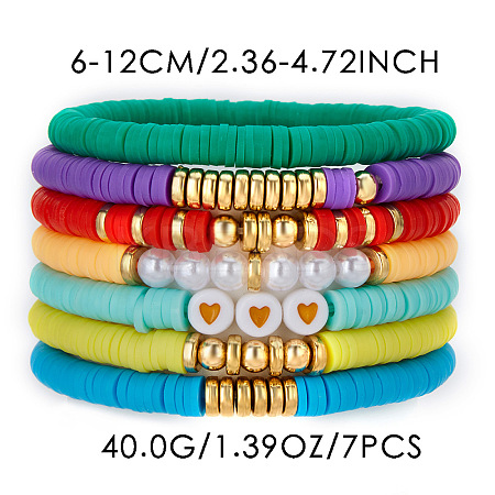 7Pcs Heart Pattern Polymer Clay & Plastic Pearl & CCB Plastic Beaded Stretch Bracelet Set for Women FS-WG634BB-18-1