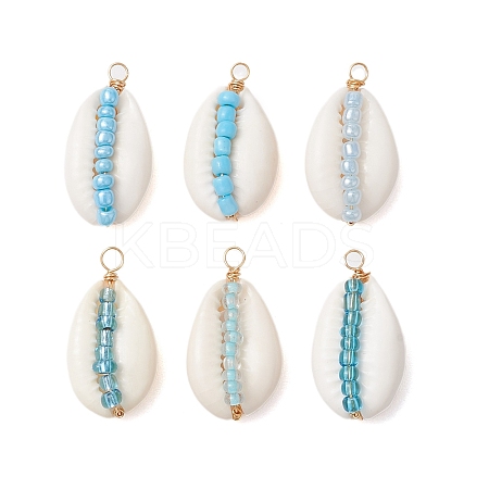 6Pcs 6 Styles Natural Cowrie Shell & Glass Seed Beads Pendants PALLOY-JF02759-01-1