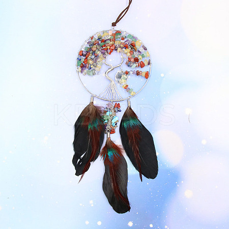 Woven Net/Web with Feather Gemstone Chips Pendant Decorations TREE-PW0003-03A-1