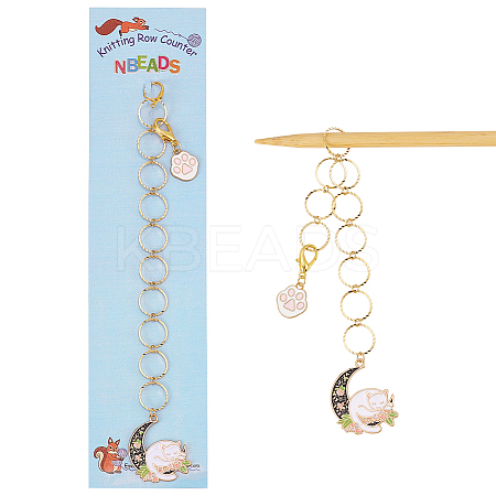 Alloy Enamel Paw Print & Moon with Cat Charm Knitting Row Counter Chains HJEW-PH01812-1