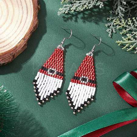 304 Stainless Steel Glass Seed Beads Christmas Hat Dangle Earrings EJEW-MZ00528-1