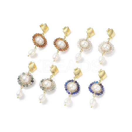 4 Pair 4 Style Natural Mixed Gemstone & Shell Pearl Beaded Flower Dangle Stud Earrings EJEW-JE05076-1