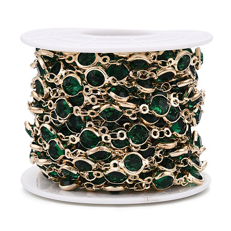 Medium Sea Green Faceted Glass Beaded Flat Round Link Chains KK-TAC0020-02G-RS-1