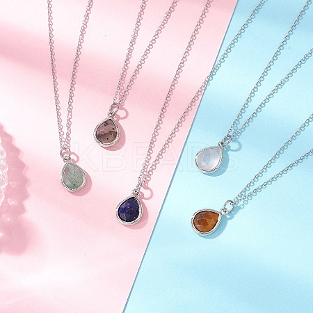 Teardrop Faceted Natural Mixed Stone Pendant 304 Stainless Steel Cable Chain Necklaces for Women NJEW-JN05288-1