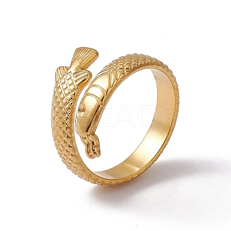 Ion Plating(IP) 304 Stainless Steel Ring Arowana Fish Wrap Open Cuff Ring for Women RJEW-C045-21G-1