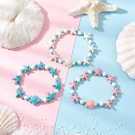 3Pcs 3 Colors Starfish & Turtle Synthetic Turquoise Beads Stretch Bracelets for Women BJEW-JB12129-1