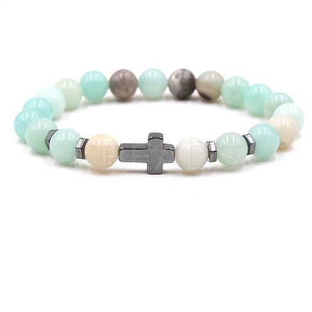 8MM Round Natural Flower Amazonite Beaded Stretch Bracelets with Synthetic Non-magnetic Hematite Cross FA1012-5-1