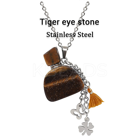 Natural Tiger Eye Perfume Bottle Pendant Necklace with Staninless Steel Butterfly Flower and Tassel Charms BOTT-PW0002-072E-1
