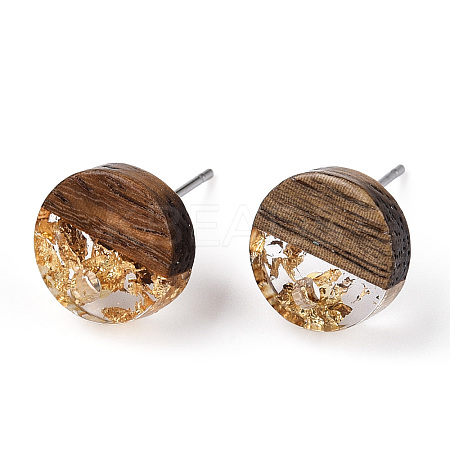 Transparent Resin & Walnut Wood Flat Round Stud Earrings EJEW-TAC0021-18A-01-1