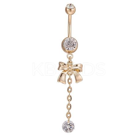 Piercing Jewelry Real 18K Gold Plated Brass Rhinestone Bowknot Navel Ring Belly Rings AJEW-EE0001-67-1