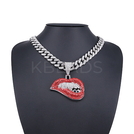 Zinc Alloy Full Rhinestone Lip Pendant Cuban Link Chain Necklaces for Men FS-WG26C72-02-1