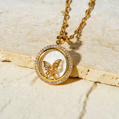 Brass Clear Cubic Zirconia Flat Round Butterfly Pendant Dapped Chain Necklaces for Women WA9125-1