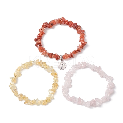 3Pcs 3 Styles Natural Rose Quartz & Citrine & Red Agate Chips Stretch Bracelets Sets BJEW-JB11076-03-1