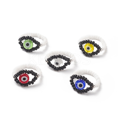5Pcs 5 Color Lampwork Evil Eye Stretch Finger Rings Set RJEW-TA00059-1