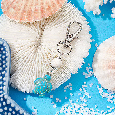 Tortoise & Round Synthetic Turquoise Pendant Decoration HJEW-JM02295-01-1