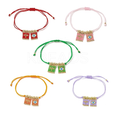 Handmade Japanese Seed Rectangle with Cross & Evil Eye Charm Bracelets BJEW-MZ00010-1