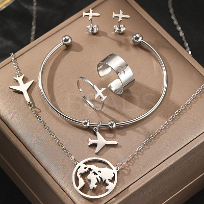 Airplane & Earth 201 Stainless Steel Pendant Necklace & Stud Earring & Cuff Ring & Cuff Bangle Sets FS-WG54043-02-1