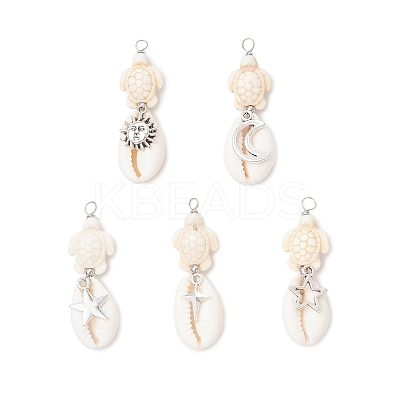 5Pcs 5 Styles Natural Cowrie Shell & Dyed Synthetic Turquoise Turtle Copper Wire Wrapped Pendants PALLOY-JF04034-03-1