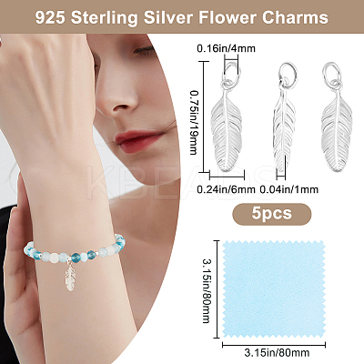 5Pcs 925 Sterling Silver Feather Charms with Jump Rings with 1Pc Double Sided Suede Fabric Silver Polishing Cloth FIND-BBC0015-94-1