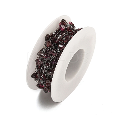 304 Stainless Steel with Dyed Natural Garnet Chip Link Chains CHS-G038-09P-03-1