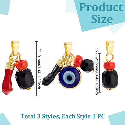 3Pcs Brass Enamel & Handmade Lampwork & Acrylic Pendants PALLOY-HS00037-1