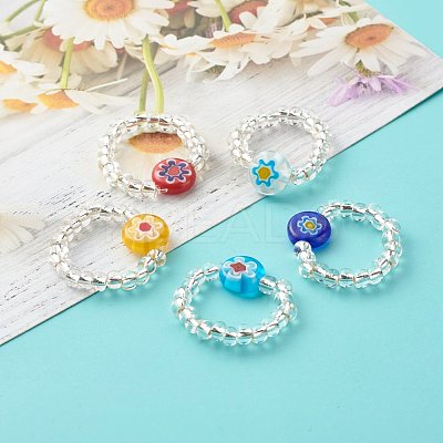 Sunflower Handmade Millefiori Glass Beads Finger Ring for Kid Teen Girl Women RJEW-JR00381-1