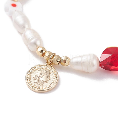 Natural Pearl & Millefiori Glass Beaded Stretch Bracelet with Heart and Coin Charm for Women BJEW-TA00060-1