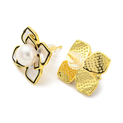 Brass Flower Stud Earrings with Natural Pearl EJEW-Z020-04G-1