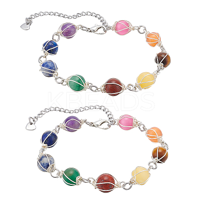 2Pcs Round Natural Mixed Gemstone Beads Bracelets for Women BJEW-UN00018-1