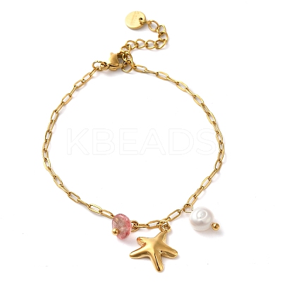 Cherry Quartz Glass & Fresheater Pearl & Starfish Charm Bracelets BJEW-K237-06G-02-1