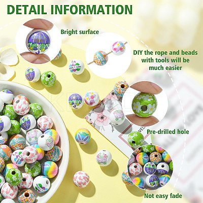 100Pcs 8 Styles Printed Wood European Beads WOOD-CJ0001-84-1