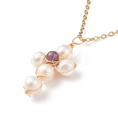 Natural Amethyst & Pearl Braided Cross Pendant Necklace NJEW-JN03920-01-1