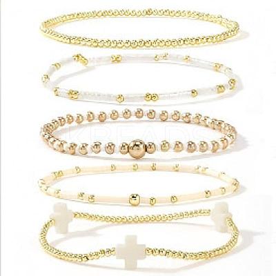 5Pcs 5 Styles Handmade Brass & Glass Beads Stretch Bracelet Set OI0028-10-1