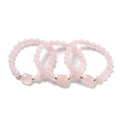 Round & Cat Head Natural Rose Quartz Beaded Stretch Bracelets for Women BJEW-K251-03C-1