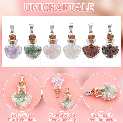 12Pcs 6 Styles Natural Mixed Gemstone Chip Heart Glass Bottle Pendants PALLOY-UN00001-1