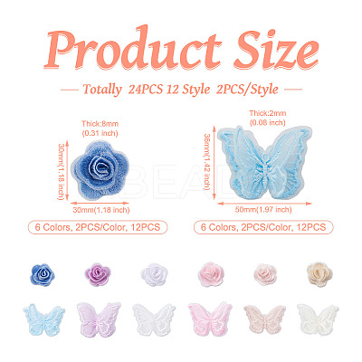 24Pcs 12 Style 3D Rose Organgza Lace Embroidery & Butterfly Ornament Accessories DIY-BT0001-48-1