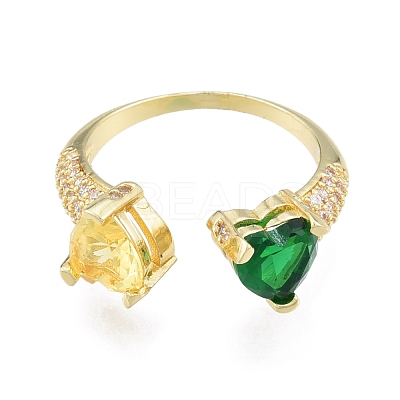 Colorful Cubic Zirconia Heart Open Cuff Ring RJEW-G261-20G-1