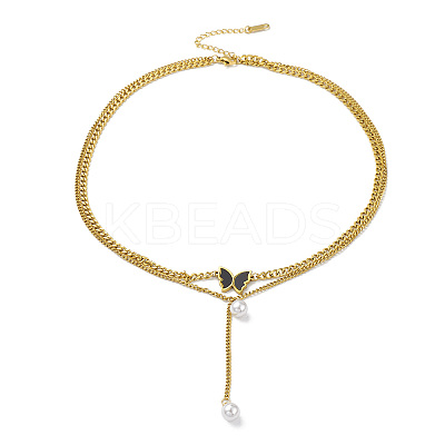 Ion Plating(IP) 304 Stainless Steel Curb Chains Double Layer Necklaces NJEW-M199-14G-1