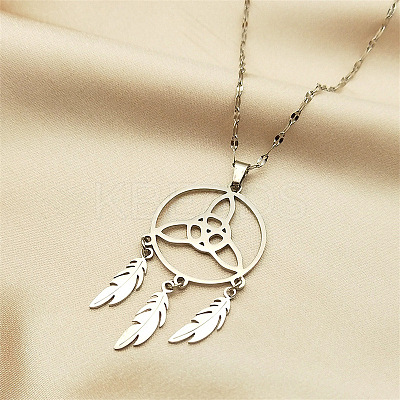 Non-Tarnish Triquetra/Trinity Knot with Woven Net/Web with Feather Pendant Necklaces NJEW-C042-03P-1