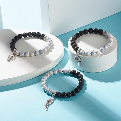 Natural Lava Rock and Synthetic Howlite Round Beads Stretch Bracelet for Men Women BJEW-JB06929-1