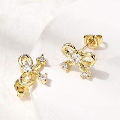 Bowknot Brass Micro Pave Clear Cubic Zirconia Stud Earrings for Women EJEW-G460-03G-1