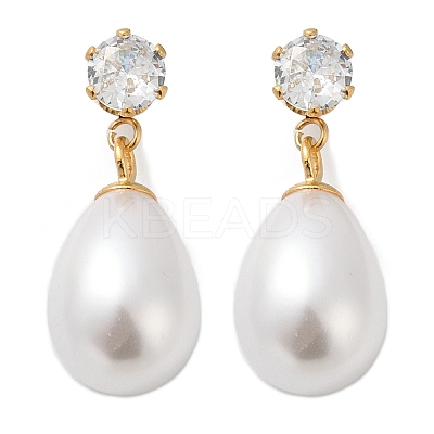 Teardrop with Flat Round 304 Stainless Steel Clear Cubic Zirconia Dangle Stud Earrings EJEW-F366-01G-02-1